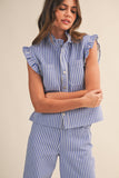 IST6347 STRIPED DENIM RUFFLE OVERSIZE VEST AND WIDE PANTS