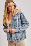 BUTTON DOWN FAUX FUR HOODED DENIM JACKET