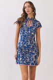 CD07359-Floral Vine Mandarin Collar Mini Dress