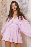 R5268D  Smocked V-neck Ruffled Solid Woven Romper