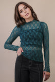 NT12220-High Neck Fitted Sheer Mesh Lace Knit Top