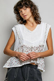 V-neck Floral Pattern Trim Ruffle Rib Knitted Sleeveless Top