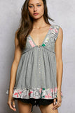 V-neck Thermal Lace Contrast Ruffle Floral Print Sleeveless