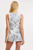 TOILE PRINT DENIM BOAT NECK CASUAL MINI DRESS