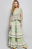 V-neck Floral Pattern Trim Ruffle Rib Knitted Sleeveless Top