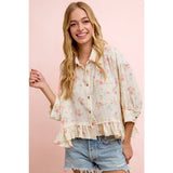 FLORAL CRINKLE QUARTER SLEEVE RUFFLE HEM SHIRT TOP
