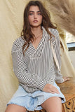 IT2283 V-neck Rounded Hem Striped Hoodie Top