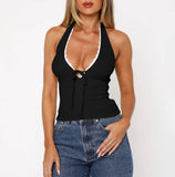 Lace-Edged Halterneck Backless Lace-Up Tank Top