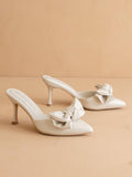 The Jane | White Pointed Toe Bow Accent Kitten Heel
