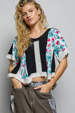 Round Neck Contrast Floral Eyelet Trim Rib Short Sleeve Top