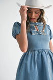 ND0002 Bow lace puff Mini Denim Dress