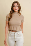 MOCK NECK RIBBED RUFFLED SHORT SLEEVE SWEATER