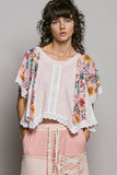 Round Neck Contrast Floral Eyelet Trim Rib Short Sleeve Top