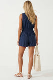 Smocking Sleeveless Front Zip Romper