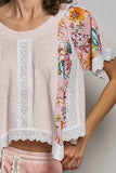 Round Neck Contrast Floral Eyelet Trim Rib Short Sleeve Top