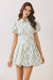 CD07052-Floral Print Puff Sleeve Bubble Hem Mini Dress