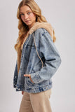 BUTTON DOWN FAUX FUR HOODED DENIM JACKET