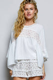 Floral Panel Textured Knit Ruffle Sleeve Oversized Top