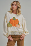 PUMPKIN APPLIQUE FALL THANKSGIVING TOP WITH EYELASH LACE HEM