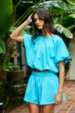 Scuba Bubble Hem And Sleeve Solid Crop Top