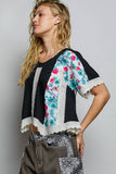 Round Neck Contrast Floral Eyelet Trim Rib Short Sleeve Top
