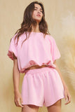 Scuba Bubble Hem And Sleeve Solid Crop Top