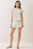 CT9946-Embroidered Ruffle Trim Detail Button Down Sleeve Top