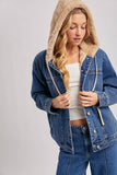 BUTTON DOWN FAUX FUR HOODED DENIM JACKET