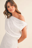 ID8182-A ASYMMETRIC OFF SHOULDER EYELET MINI DRESS