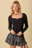 Square Neck Pointell Knit Top With Ribbon Bow