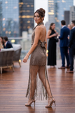 Satin Cowl Halter Top & Maxi Skirt Set with Fringe Detail