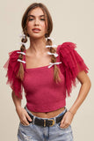 Tulle Ruffle Sleeve Smocked Top