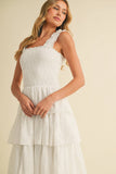 ID8988-B FLORAL EYELET RUFFLE STRAP SMOCKED TIERED MAXI