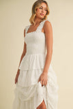 ID8988-B FLORAL EYELET RUFFLE STRAP SMOCKED TIERED MAXI