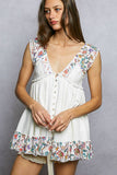 V-neck Thermal Lace Contrast Ruffle Floral Print Sleeveless