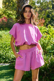 Scuba Bubble Hem And Sleeve Solid Crop Top