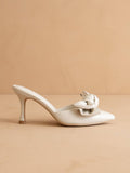 The Jane | White Pointed Toe Bow Accent Kitten Heel