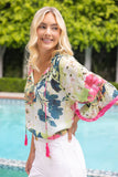 36751 Tassle Front and Fringe Wide Sleeve Floral Top