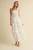 ID8988-B FLORAL EYELET RUFFLE STRAP SMOCKED TIERED MAXI