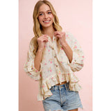 FLORAL CRINKLE QUARTER SLEEVE RUFFLE HEM SHIRT TOP