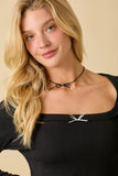 Square Neck Pointell Knit Top With Ribbon Bow