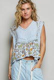 V-neck Floral Pattern Trim Ruffle Rib Knitted Sleeveless Top