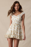 PALE PLAID FLORAL WING SLEEVE LACE MINI DRESS
