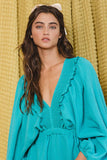 R5268D  Smocked V-neck Ruffled Solid Woven Romper