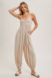 GAUZE SMOCKED BUTTON FRONT SHOULDER TIE JUMPSUIT