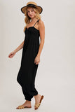 GAUZE SMOCKED BUTTON FRONT SHOULDER TIE JUMPSUIT