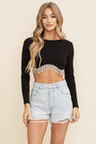 CT8831A - RHINESTONE FRINGE LONG SLEEVE CROP TOP