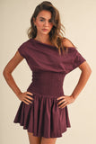 ID9559  OFF SHOULDER SMOCKED WAIST MINI DRESS