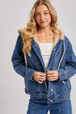 BUTTON DOWN FAUX FUR HOODED DENIM JACKET