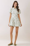 CD07052-Floral Print Puff Sleeve Bubble Hem Mini Dress